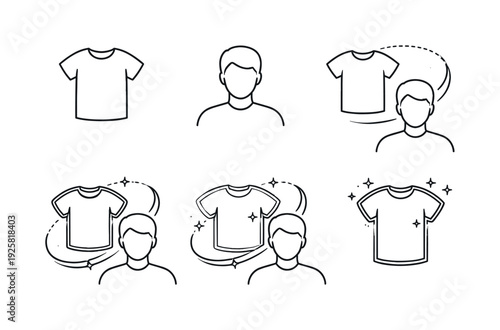 Line vector icons of a product “trying itself on” your digital avatar in real time (real-time match test): item silhouette,