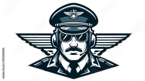 Illustration of a pilot with sunglasses, a mustache, wings, and pilot hat