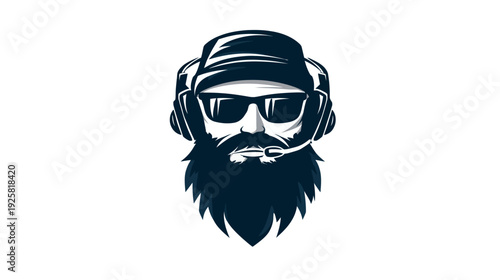 A stylized bearded man wearing headphones, sunglasses, and a beanie, on white background