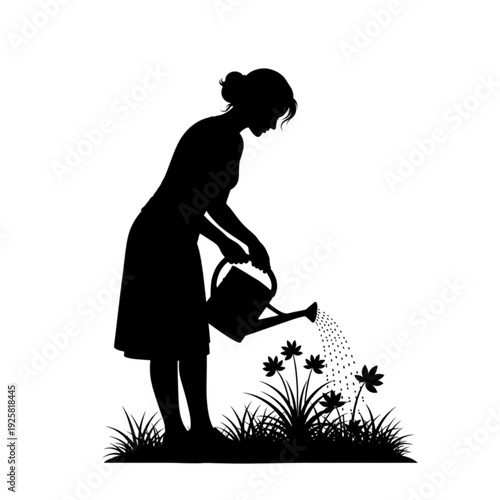 Woman watering flowers with a can isolated on transparent background.