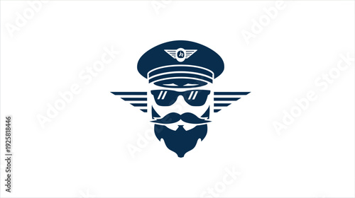 A stylized pilot graphic featuring sunglasses, a handlebar mustache, a full beard, a cap, and wings