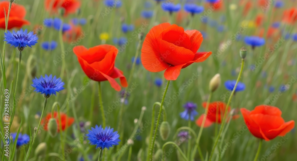 Naklejka premium Vibrant poppies and cornflowers in field.