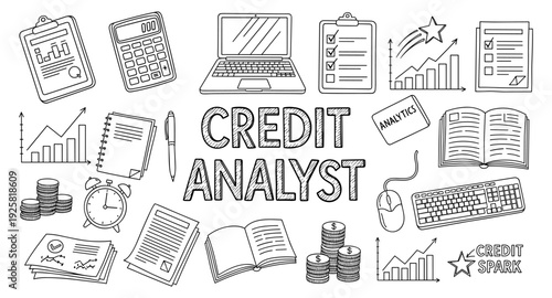 Credit analyst job concept with hand-drawn financial and office supplies
