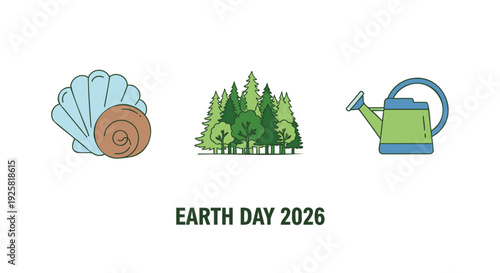 Earth Day icon set, eco-friendly symbols. Includes snail, trees, watering can. Created in flat style with green, blue, brown colors.