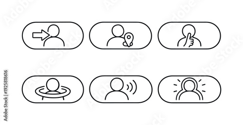 Line style icons of user interaction inside capsule: join session arrow, leave marker, mute gesture icon, presence indicator ring