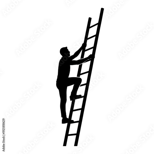 Man climbing up a tall ladder isolated on transparent background.