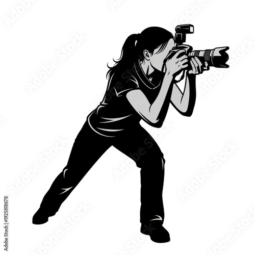 Woman holding a video camera isolated on transparent background.