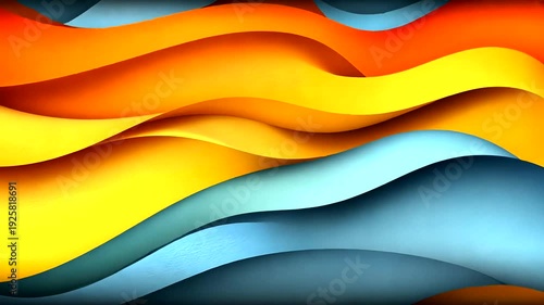 A layered abstract composition features curved forms in shades of blue, orange, and yellow