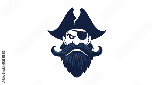 A pirate?s face with an eye patch, tri-corner hat, long mustache, and a full beard