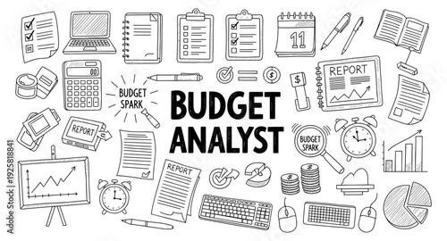 Budget analyst concept with financial planning and analysis tools in doodle style