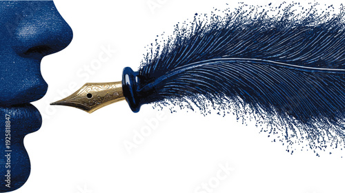 A stylized illustration features a blue face with a fountain pen that forms a feather