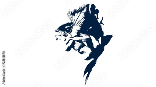 A dark blue ink illustration depicts a person's head and hand, holding spectacles