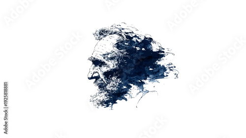 A side profile of a bearded male figure, rendered with a watercolor effect against a white background
