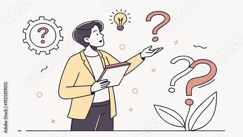Businessman having an idea with question marks and light bulb