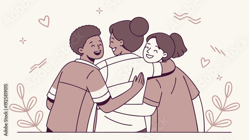 Diverse friends sharing a warm hug with hearts around them