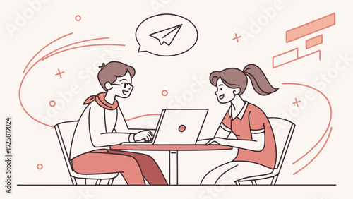 Two colleagues collaborating on laptop in modern workspace