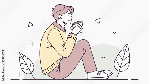 Relaxed young man enjoying a cup of coffee in a peaceful outdoor setting