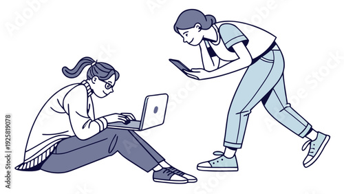 Two young women using laptop and tablet in casual setting