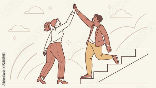 Colleagues celebrating success with high five on stairs
