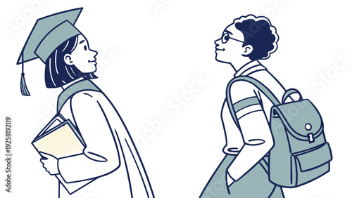 Students in graduation and school uniform looking at each other