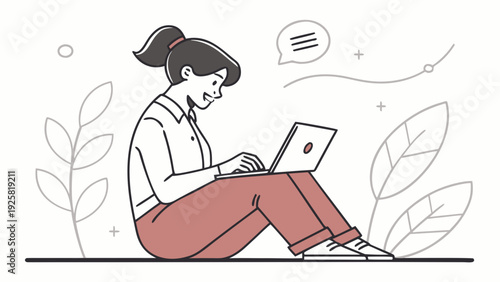 Woman working on laptop in relaxed outdoor setting with chat bubble