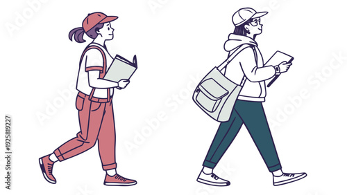 Two young adults walking while using their devices outdoors