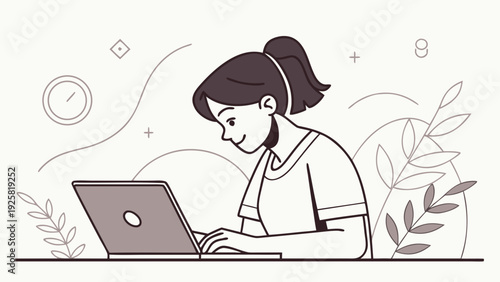 Young woman working on laptop with focused expression