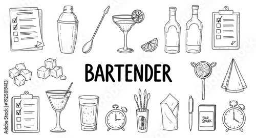 Collection of hand-drawn bartender tools and elements for creating cocktails