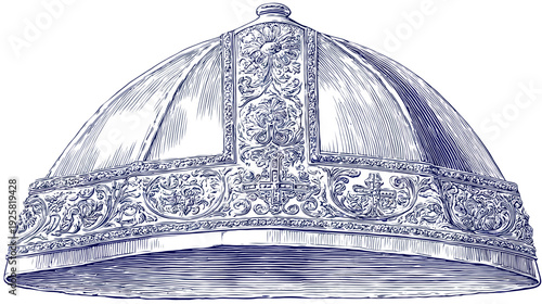 Intricate illustration of a religious headdress, showcasing detailed engravings and ornamental designs