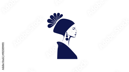 A side-profile illustration of a woman in a dark hat with floral details