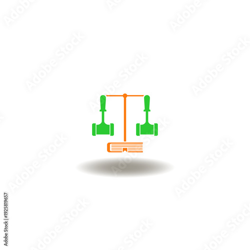 Vector illustration of balance scale with judges gavels instead of bowls and book instead of stand. Icon of justice. Symbol of lawyer.