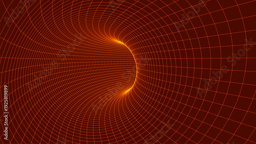 An abstract tunnel created from glowing lines forming a spatial grid. The glow of the lines creates a sense of movement, depth, and infinite immersion. Vector illustration