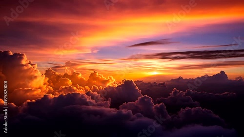 A vibrant sunset paints the sky with fiery hues, illuminating fluffy clouds from above