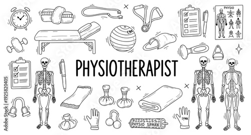 Collection of hand-drawn physiotherapy equipment and anatomical illustrations