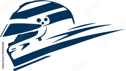 A racing helmet silhouette with dark blue accents and stylized speed lines