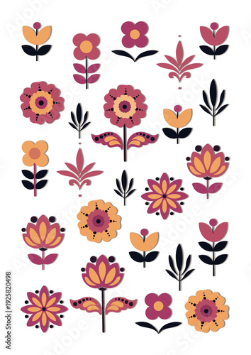 Scandinavian Folk Floral Set with Decorative Nordic Flowers Illustration. Floral clipart. Botanical set