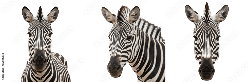 Fototapeta premium Zebra Head Close Up Equus quagga Isolated on White Background, African Striped Equid Portrait Wildlife Studio Cutout