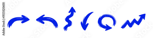Set of blue hand-drawn brush stroke arrows pointing in various directions on a white background. Artistic vector elements for creative designs.