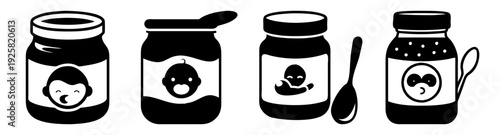 Baby food jar set with spoon and puree vector illustration flat design icon pack scalable graphic