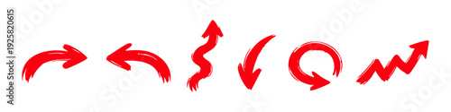 Set of red hand-drawn brush stroke arrows isolated on white. Grunge sketchy directional pointers and icons for creative design projects.