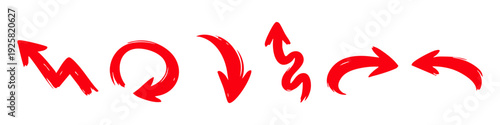 Set of red hand-drawn brushstroke arrows isolated on white background. Dynamic ink strokes for pointers and design elements.