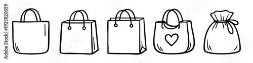 Set of hand-drawn shopping bag and eco-bag icons in minimalist doodle style. Black and white line art for retail, gifts, and sustainable packaging.
