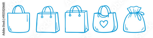 Set of hand-drawn blue shopping bag icons, including tote bags, paper bags, and a drawstring pouch, isolated on white background.