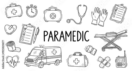 Doodle illustration of paramedic equipment and symbols in a collage style