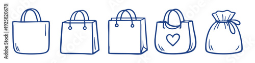 Set of hand-drawn shopping and tote bag doodles in blue line art. Minimalist icons for eco-friendly lifestyle, gifts, and retail packaging.