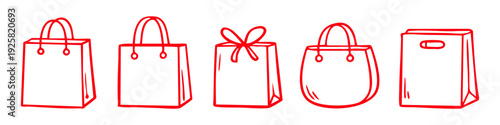 Set of red hand-drawn shopping bag icons including gift bags and paper bags. Perfect for retail and commerce designs. Isolated on white.