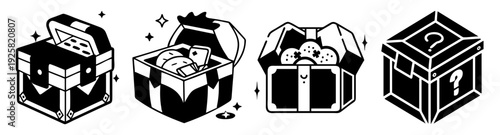 Loot box gift treasure chest set opening rewards flat design vector illustration