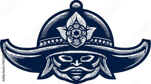 A detailed graphic illustration featuring a stylized mask within a decorative head covering