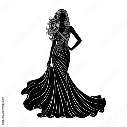 Woman Wearing Long Formal Evening Gown isolated on transparent background.
