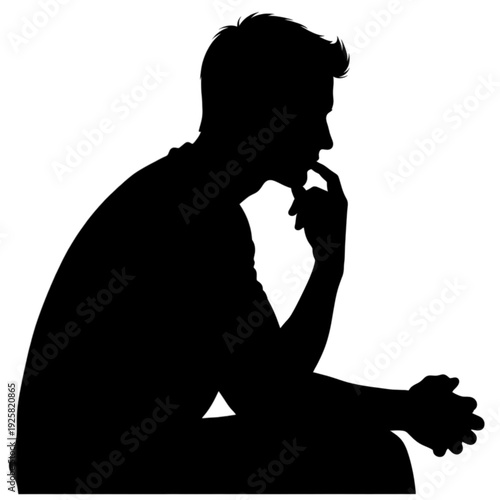 Man sitting in deep thought posture isolated on transparent background.